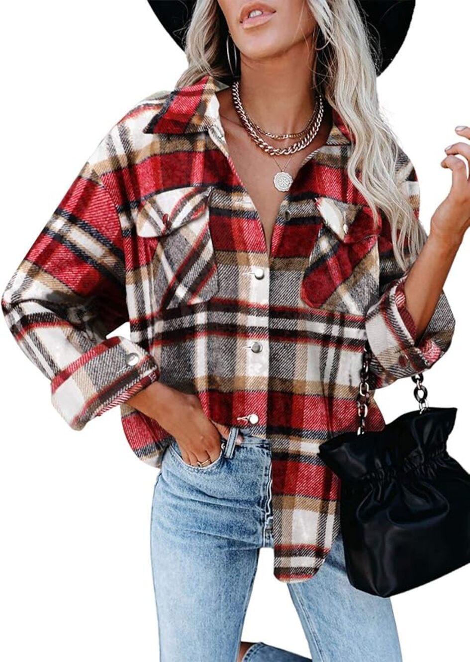 Dokotoo Button Down Shacket Boyfriend Long Sleeve Oversized Plaid Size M